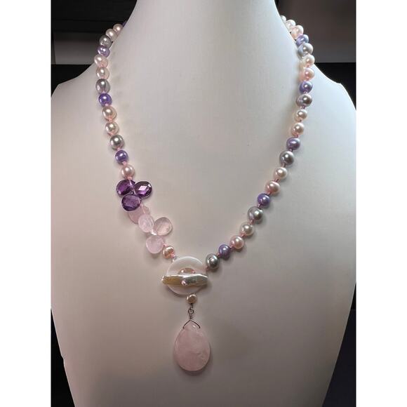 NEW multi color freshwater pearl, rose quartz and amethyst necklace - Picture 4 of 12